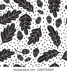 Acorns black and white seamless pattern linocut scandistyle