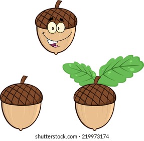 Acorns Cartoon Illustrations. Vector Collection Set
