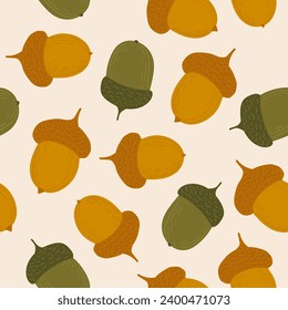 acorns in a cartoon style scattered chaotically across an endless background. yellow and green ripe acorns. food for forest dwellers