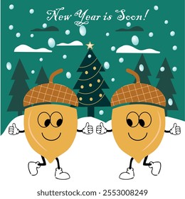 Acorns are cheerful in the forest. It is snowing around, green trees. Soon the New Year. Vector.