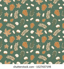 Acorns, chestnuts, rowans, chestnut leaves, rowan leaves, oak leaves, random, on green background. Vector seamless pattern.