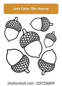 Acorns Coloring Book Page In Letter Page Size. Children Coloring Worksheet. Premium Vector Element.