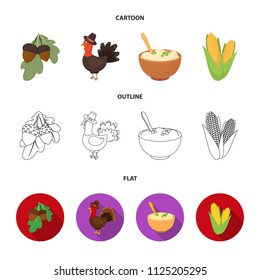 Acorns, corn. arthene puree, festive turkey,Canada thanksgiving day set collection icons in cartoon, outline, flat style vector symbol stock illustration web.