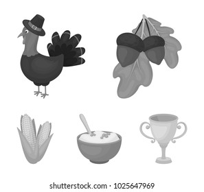 Acorns, corn.arthene puree, festive turkey,Canada thanksgiving day set collection icons in monochrome style vector symbol stock illustration web.