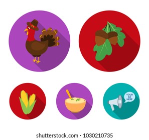 Acorns, corn.arthene puree, festive turkey,Canada thanksgiving day set collection icons in flat style vector symbol stock illustration web.