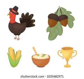 Acorns, corn.arthene puree, festive turkey,Canada thanksgiving day set collection icons in cartoon style vector symbol stock illustration web.