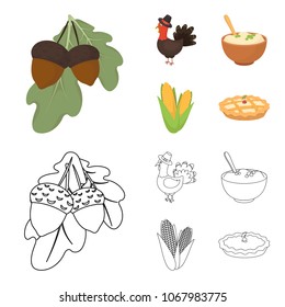 Acorns, corn.arthene puree, festive turkey,Canada thanksgiving day set collection icons in cartoon,outline style vector symbol stock illustration web.