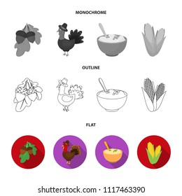 Acorns, corn.arthene puree, festive turkey,Canada thanksgiving day set collection icons in flat,outline,monochrome style vector symbol stock illustration web.