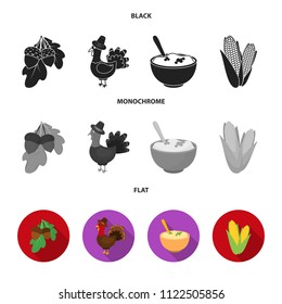 Acorns, corn.arthene puree, festive turkey,Canada thanksgiving day set collection icons in black, flat, monochrome style vector symbol stock illustration web.