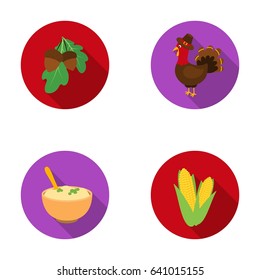 Acorns, corn.arthene puree, festive turkey,Canada thanksgiving day set collection icons in flat style vector symbol stock illustration web.