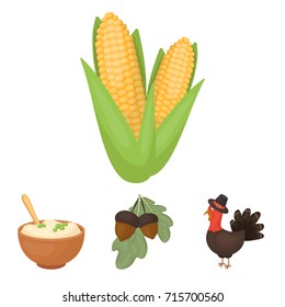 Acorns, corn.arthene puree, festive turkey,Canada thanksgiving day set collection icons in cartoon style vector symbol stock illustration web.