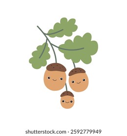 Acorns. Cute character. Kawaii. For printing on postcards and other uses.