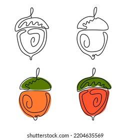 Acorns drawn in one continuous line. Autumn isolated design elements