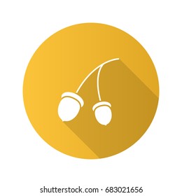 Acorns flat design long shadow glyph icon. Oak fruit branch. Vector silhouette illustration