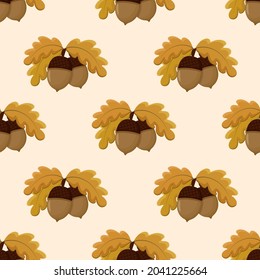 Acorns fruits with leaves seamless pattern vector illustration. Autumn background with acorns. Fall template for wallpaper, packaging, fabric and design.