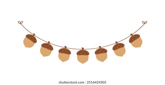 Acorns garland for Autumn, Fall and Thanksgiving season. Vector isolated on white background.