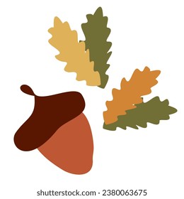 Acorns, green and yellow leaves In cartoon style for banner Template, package and farmers Market Design Vector symbols isolated on a white. Autumn Flat Seasonal decoration and Thanksgiving day floral