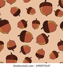 Acorns illustrations scattered all over repeat vector pattern