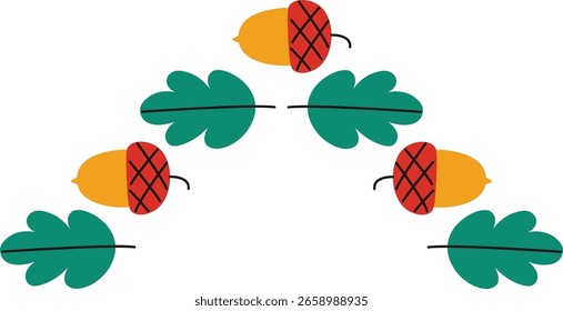 Acorns and leaves are arranged in a symmetrical pattern with a playful cartoon style. The composition features oak nuts and foliage in a balanced design. Cartoon vector illustration.