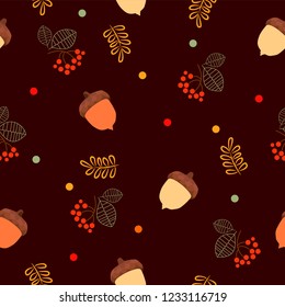 Acorns, leaves and berries. Children background with vegetation. Cute background with acorns. Autumn background.