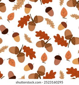 Acorns with leaves. Cute pattern with acorns and twigs on a white background.
