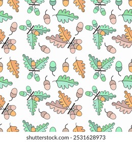 Bellotas, hojas, ramas de roble, repitiendo el patrón sin fisuras, dibujo a color, tonos marrones y verdes, fondo claro