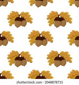 Acorns with leaves seamless autumn pattern. Fall background with oak fruits. Template for fabric, packaging and wallpaper, vector illustration.