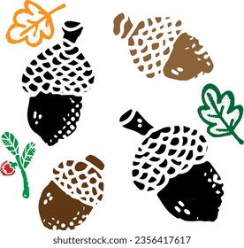 Acorns in linocut style. Graphic arts. Vector element for design