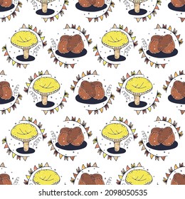 Acorns and mushrooms. Seamless pattern on a white background. Cute vector illustration.