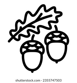 Acorns and oak leaf line icon, forest tree concept, oak twig with acorns vector sign on white background, outline style icon for mobile concept and web design. Vector graphics
