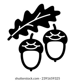 Acorns and oak leaf solid icon, forest tree concept, oak twig with acorns vector sign on white background, glyph style icon for mobile concept and web design. Vector graphics