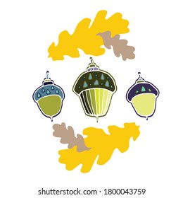 Acorns and oak leafs isolated on white background. Flat style. Vector illustration. Illustration for wrapping paper, post cards, prints for clothes, and emblems. 
