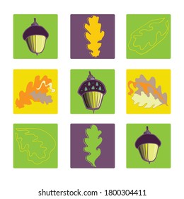 Acorns and oak leafs isolated on color background. Flat style. Vector illustration.
Illustration for wrapping paper, post cards, prints for clothes, and emblems. 
