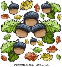 Acorns with oak leaves and crown. Vector illustration isolated on white background.