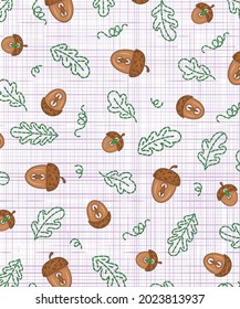 Acorns and oak leaves. Pattern, texture, background. Imitation of embroidery and buttons on linen. Multi-colored image. Vector illustration.