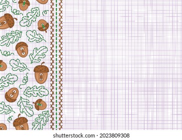 Acorns and oak leaves. Sample. Imitation of embroidery and buttons on linen. Multi-colored image. There is room for text. Vector illustration.