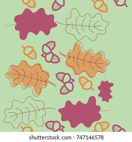 Acorns, oak leaves seamless  pattern, stripes. Hand drawn.