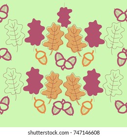 Acorns, oak leaves seamless  pattern, stripes. Hand drawn.