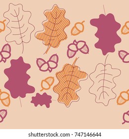 Acorns, oak leaves seamless  pattern, stripes. Hand drawn.