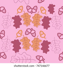 Acorns, oak leaves seamless  pattern, stripes. Hand drawn.