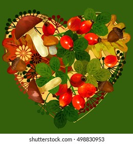 Acorns and Oak Leaves Vector illustration. A beautiful illustration of acorns ,rosehip, mushrooms . The exclusive design and decoration. harvest. forest