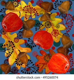 Acorns and Oak Leaves Vector Pattern. apples. Vector illustration. A beautiful illustration of a pattern of acorns. The exclusive design and decoration.  repeating pattern.