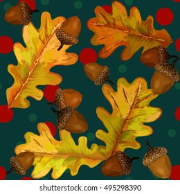 Acorns and Oak Leaves Vector Pattern. Vector illustration. A beautiful illustration of a pattern of acorns. The exclusive design and decoration. repeating pattern.