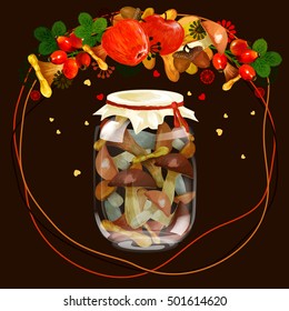 Acorns and Oak Leaves Vector Pattern. rosehip, mushrooms. greeting card. apples.  forest edible mushroom, chanterelle, honey agaric, lactarius, boletus. Vectorl illustration. jar of pickled mushrooms.