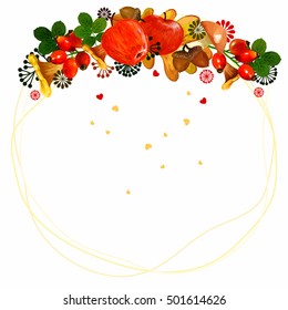 Acorns and Oak Leaves Vector Pattern. rosehip, mushrooms. greeting card. apples. forest edible mushroom, chanterelle, honey agaric, lactarius, boletus. Pattern. Vectorl illustration.