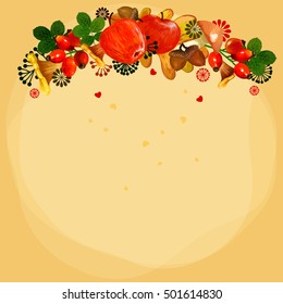 Acorns and Oak Leaves Vector Pattern. rosehip, mushrooms. greeting card. apples. forest edible mushroom, chanterelle, honey agaric, lactarius, boletus. Pattern. Vectorl illustration.