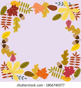 Acorns, oak tree, maple leaves pattern. Colored doodle leaves print. Fall background, Thanksgiving, Seasonal print, November. Autumn mood.