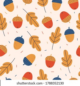 Acorns and oak tree seamless pattern. Autumn season. Vector hand drawn illustation.