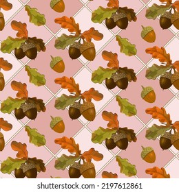 Acorns on colored tiles.Vector pattern with autumn acorns on colorful tiles.