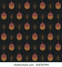 Acorns seamless pattern with decorative trees on black background. Autumn nature background. Design for textile, wallpaper, fabric.